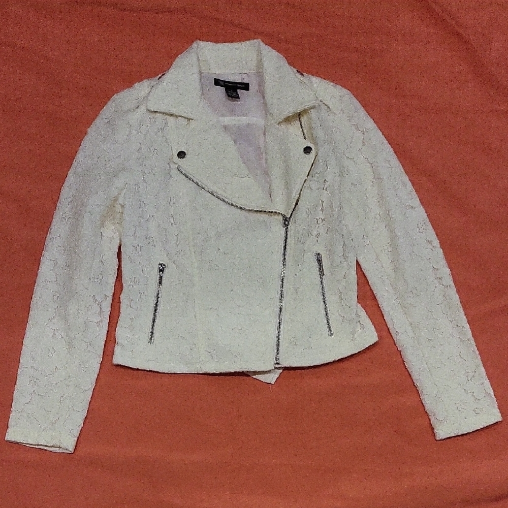 INC International Concepts Cream Lace Leather Jacket